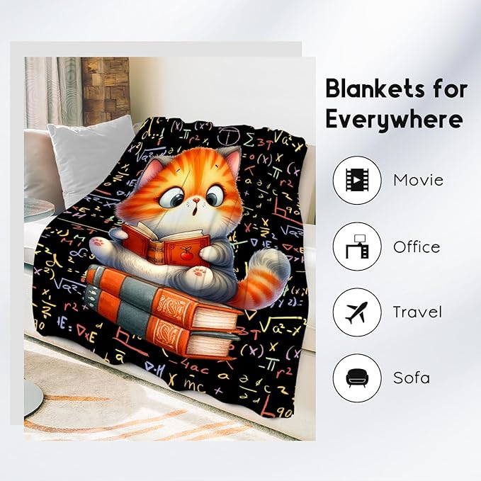 Cat Blankets for Girls - Kids Blanket Gifts for Book Lovers - 50x60 Inch Cozy Soft Flannel Cute Throw for Couch, Office Bed
