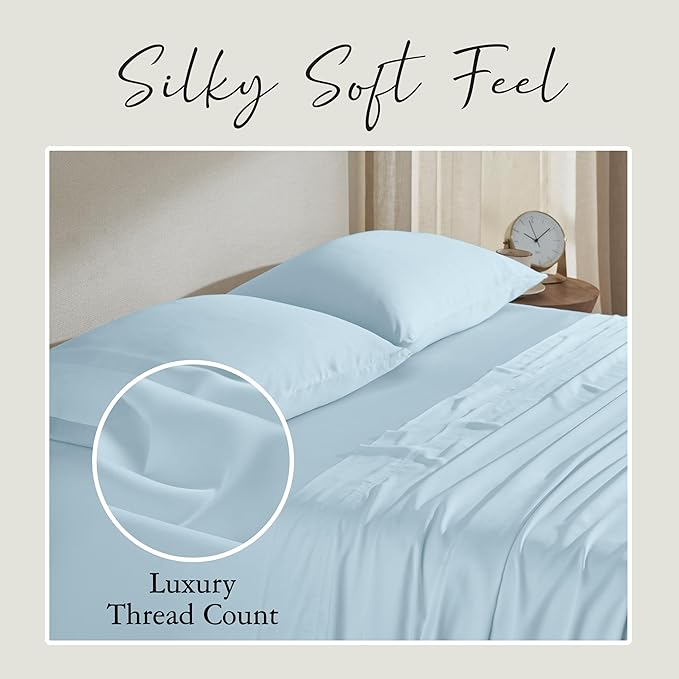 KARISSA MAE Cooling Bamboo Viscose Queen Sheet Set | 100% Organically Grown | 18” Deep Pocket | Silky, Soft, & Hypoallergenic | with Organizer Band & Elastic Corner Straps [Coastal Blue]