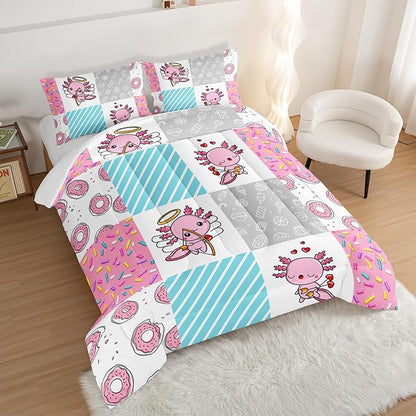 Pink Comforter Twin Size,Cute Cartoon Axolotl Bedding Set Donut Dessert Pattern Comforter Set for Children Teens Girls Bedroom Decor Aesthetic,Lovely Style Comforter Set with 2 Pillowcases.