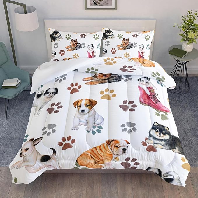 Kawaii Cartoon All Kinds of Dogs Animal Themed Comforter 3Pcs Full Colorful Paw Printed Bedding Set for Kids Teens Girls Boys Bed Decor Cute Puppy Quilt with 1 Comforter and 2 Pillowcases