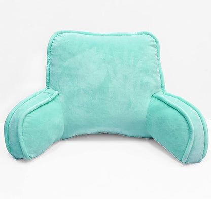 Super Soft Velvety Backrest Reading Bed Rest Pillow with Arms and Pockets 18" H for Sitting in Bed Couch Sofa, Back Support Wedge Cushion with Removable Cover, 20" x 18" x17", Pastel Blue