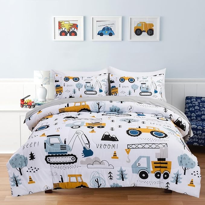 Holawakaka Trucks Tractors Cars Boys 5-Piece Bedding Comforter Sheet Set,Twin Size Cartoon Construction Car Excavator Print Kids Bed in A Bag, Excavator Mixer Truck Printed Bed Sets (White Twin)
