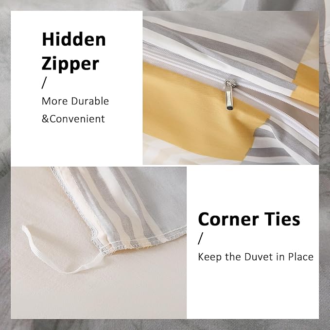 Yellow and Grey Duvet Cover Set King Size, 100% Natural Cotton Geometric Duvet Cover 3 Piece Soft Breathable Bedding Set for All Seasons