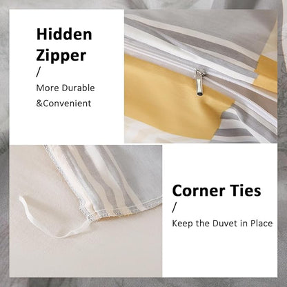 Yellow and Grey Duvet Cover Set Queen Size, 100% Natural Cotton Geometric Duvet Cover 3 Piece Soft Breathable Bedding Set for All Seasons