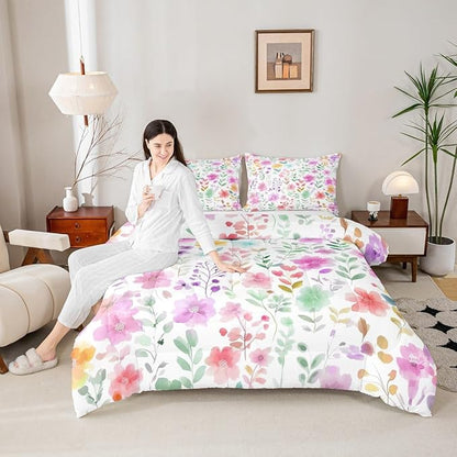 Erosebridal Cute Floral Toddler Bedding Set for Kids Girls,Purple and Pink Flower Comforter Set,Boho Chic Wildflower Bed Set,Colorful Flowers Farmhouse Room Decor,1 Pillowcase Ultra Soft