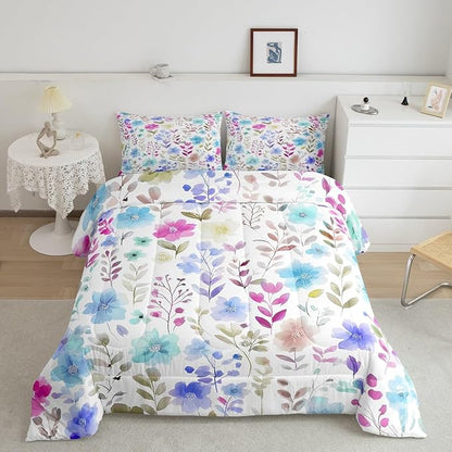 Erosebridal Cute Floral Boho Toddler Bedding Set,Pink and Blue Purple Flower Comforter Set for Kids Girls,Farmhouse Spring Flowers Bed Set,Colorful Wildflower Room Decor,1 Pillowcase Breathable