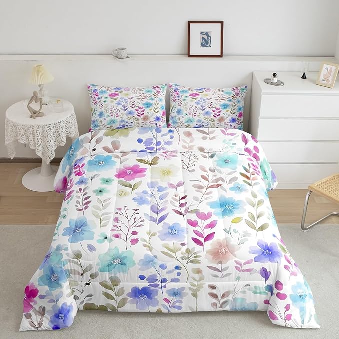 Erosebridal Cute Floral Boho Queen Comforter Set,Pink and Blue Purple Flower Bedding Sets for Kids Girls,Farmhouse Spring Flowers Bed Set,Colorful Wildflower Room Decor,2 Pillowcases Breathable