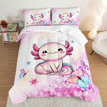 Cartoon Axolotl Comforter Kids Bedding Set,Axolotl Flower Butterfly Bedding King Size for Boys Girls Room Kawaii Decor,Pink Toddler Comforter Sets with 2 Pillowcases.