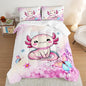 Cartoon Axolotl Comforter Kids Bedding Set,Axolotl Flower Butterfly Bedding Full Size for Boys Girls Room Kawaii Decor,Pink Toddler Comforter Sets with 2 Pillowcases.