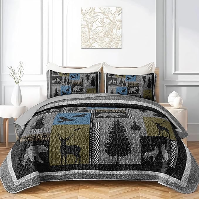 QOOMO Farmhouse Quilt Set Twin Size,Farmhouse Bedspread Coverlet Set,Farm Animals 3Pcs Bedding Set Printed Quilt with 2 Pillowcases,Soft and Lightweight,for All Seasons