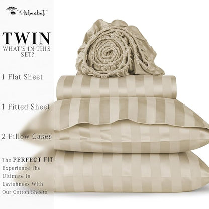 URBANHUT 1000 Thread Count Damask Striped Twin Size Egyptian Cotton Sheets, Long Staple Soft & Breathable, 4 Pc Bed Sheet Sets, Luxury Hotel Sateen Sheets Fits 16" Deep Pocket - Ivory
