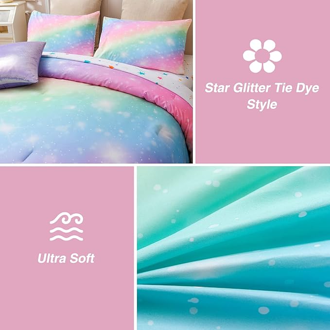 A Nice Night 6Pcs Gradient Glitter Bedding Set for Girls, Colorful Rainbow Galaxy Comforter Set, Ultra Soft Bedding Sets (Pink,Queen 6Pcs)