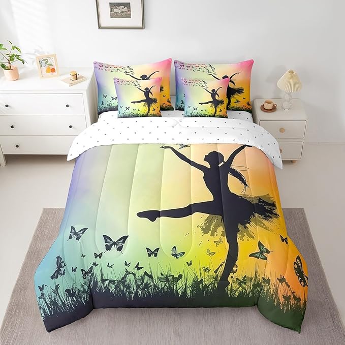 Feelyou Ballet 7 Piece Bedding Set - King Size Cute Ballet Comforter Set with Sheets for Kids, Teens, Toddlers - Dancing Girl Bed in a Bag - Butterfly Bed Set