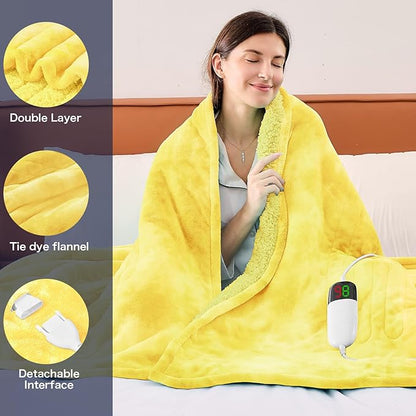 greenoak Heated Electric Blanket Throw, Faux Fur Sherpa Heating Blanket for Sofa Bed, Warm Winter Gifts for Women/Adults, Heater Lap Blankets 5-Position Timer &10 Heating Levels 50''*60" Lemon