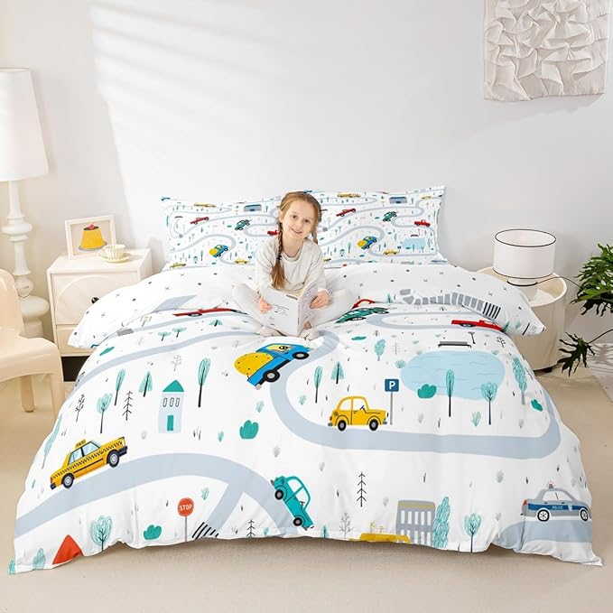 Cartoon Truck Bedding Set Full Size,Boys Road Traffic Themed Duvet Cover Set Car Vehicle Transport Comforter Cover 3pcs for Kids Teens Room Decor,Watercolor Tree White Quilt Cover,2 Pillowcases