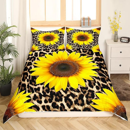 Castle Fairy Sunflowers Bedding Set Twin Size,Leopard Fur Print Duvet Cover for Kids Boys Bed Comforter Cover Set,Wildlife Animal Floral Bedding Quilt Cover Set Decorative 2 Pieces