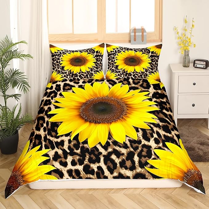 Castle Fairy Sunflowers Comforter Cover,Leopard Fur Print Duvet Cover for Girls Teens Decorative Bedroom,Wildlife Animal Floral Polyester Quilt Cover with 2 Pillowcases, Full Size