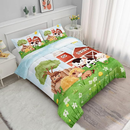 Kids Comforter Set Farm Theme Printed Pattern Bedding Set with 1 Comforter and 2 Pillowcases for Girls Boys Bedroom All Season(Farm Theme03 Full)