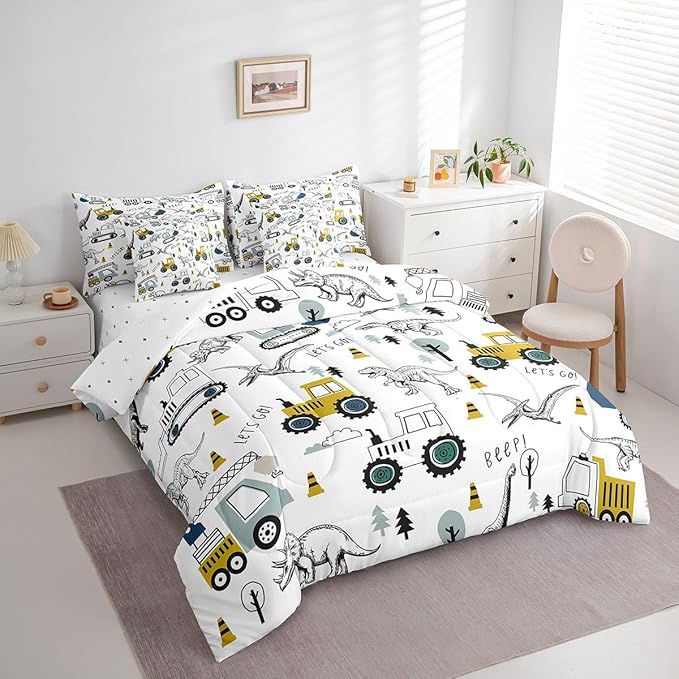 Feelyou Construction Comforter Set with Sheets 7 Piece Queen Size Cartoon Car Excavator Tractor Toddler Bedding Set Equipment Trucks Dinosaur Bed in a Bag Construction Vehicles White Yellow Bed Set