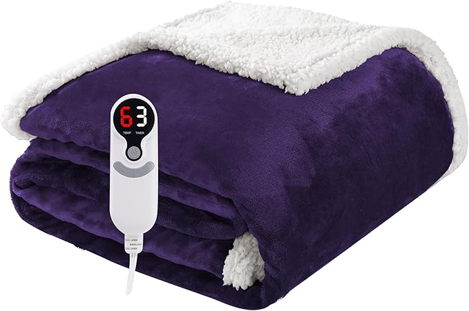 Electric Heated Blanket Throw Size 50"x60", Soft Flannel with Overheat Protection, 6 Adjustable Heat Settings & 3-Hour Auto-Off Timer, Fast Heating for Winter Comfort, Dark Purple