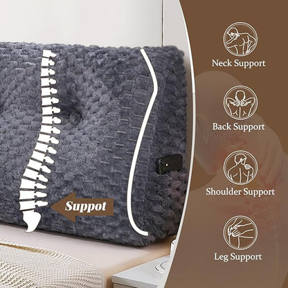 Large Headboard Wedge Pillow, Bed Rest Reading Pillow, Back Support Long Pillow, Bed Bolster Rest Reading Pillow with Removable Cover (Grey, King:76 * 20 * 8Inches)