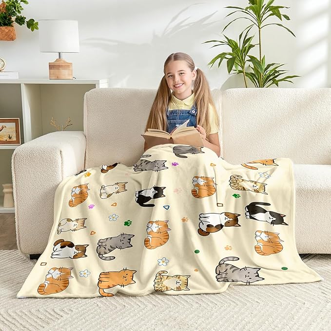 Cat Kids Throw Blanket for Girls Boys Teens Soft Fuzzy Flannel Animal Bed Blanket for Women Adults Plush Cute Christmas Birthday Gifts,60”x80”