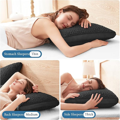 Side Sleeper Pillows for Adults, Adjustable Shredded Memory Foam Bed Pillows for Neck and Shoulder Pain, Standard Black Cooling Curved Pillows with Washable Cover & Extra Foam Bag
