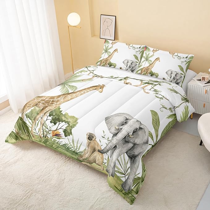 QOOMO Elephant Giraffe Monkeys Comforter King Size,Wild Animals Kids Comforter Set,3Pcs Bedding Set Printed Comforter with 2 Pillowcases,Down Alternative,Soft and Lightweight,for All Seasons