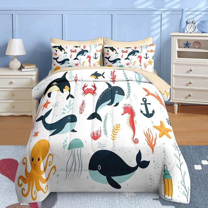 Nesker 7 Pcs Comforter Set Queen Size, Whales Octopuses Seahorses Bedding for Kids Teen, Ocean Sea Animal with Fitted Sheet 2 Pillowcases & 2 Shams for Bedroom Bed Decor