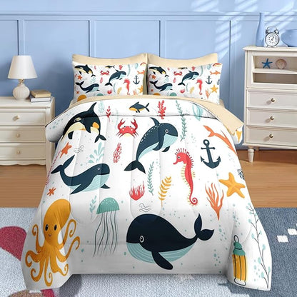 Nesker 7 Pcs Comforter Set Full Size, Whales Octopuses Seahorses Bedding for Kids Teen, Ocean Sea Animal with Fitted Sheet 2 Pillowcases & 2 Shams for Bedroom Bed Decor