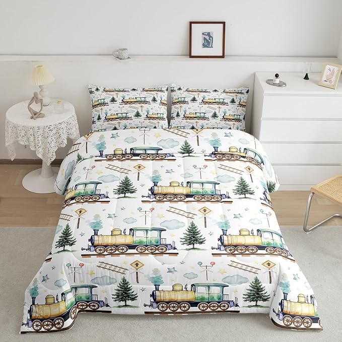 Erosebridal Watercolor Green Train Twin Comforter Set Kids Cartoon Railway Bedding for Boys Toddler Gift, Cute Clouds Stars Transportation Theme Duvet Set with 1 Pillowcase