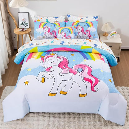 Unicorn Full Bedding Sets for Girls Kids Teens, 8 Piece Bed in a Bag Purple Rainbow Theme Unicorn Comforter Set Bedroom Decor with Printed Sheet Set