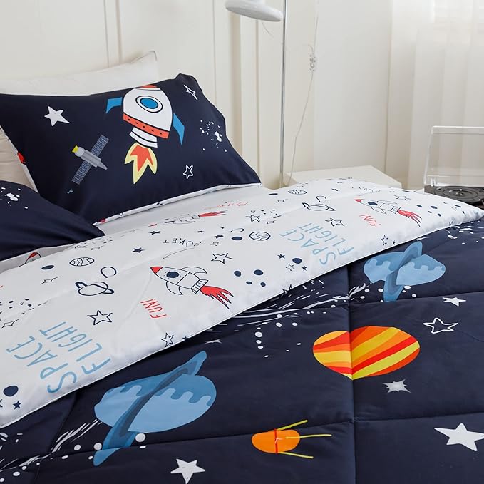 RYNGHIPY Kids Comforter Set Queen Size, Cute Space Rocket Bedding Set for Boys Girls, Teen Boy Bedding (Space Rocket, Queen)