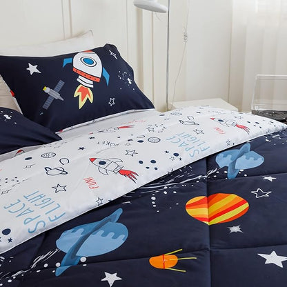 RYNGHIPY Kids Comforter Set, Full Size, Cute Space Rocket Bedding Set for Boys & Girls, Space Themed Teen Boy Bedding