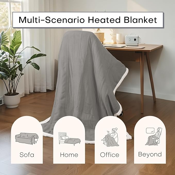 Electric Heated Blanket Twin Size 62"x84" - Dual-Sided with Microplush & Sherpa Fabric, 4 Heat Settings & 10 Hours Auto Off, Machine Washable - Light Gray