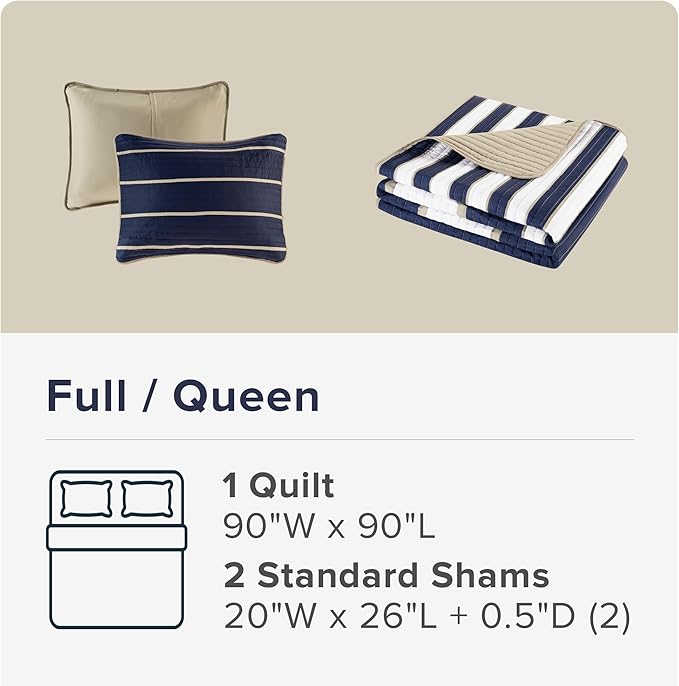 Comfort Spaces Quilt Set Trendy Casual Fun, Vibrant Color Design, Hypoallergenic All Season, Lightweight Coverlet Bedspread Cozy Kids Bedding & Sham Full/Queen Verone White Blue Stripe 3 Piece
