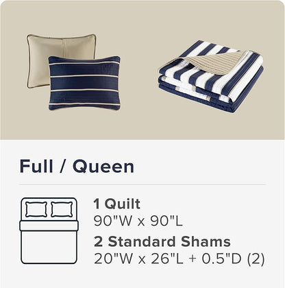 Comfort Spaces Quilt Set Trendy Casual Fun, Vibrant Color Design, Hypoallergenic All Season, Lightweight Coverlet Bedspread Cozy Kids Bedding & Sham Full/Queen Verone White Blue Stripe 3 Piece
