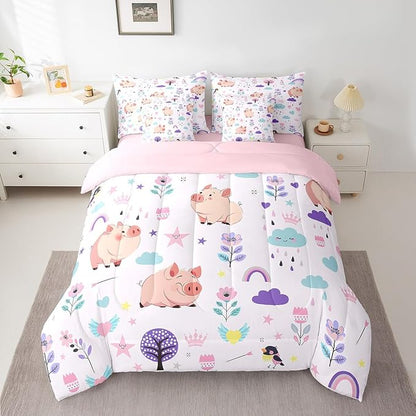 Erosebridal Floral Pig Bedding 7PCS Full Size Comforter Sets for Boys Cartoon Animal Bedding Sets Cute Flower Bed in a Bag,1 Comforter,1 Flat Sheet,1 Fitted Sheet,2 Pillowcases,2 Throw Pillow Covers
