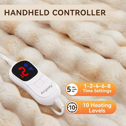 Heated Blanket Full Size with 1/2/4/6/8 Hours Auto-Off 10 Heat Level, 62'' * 84'' Cozy Faux Rabbit Fur Bubble Electric Blanket with Overheat Protection(Tie-Dye Beige)