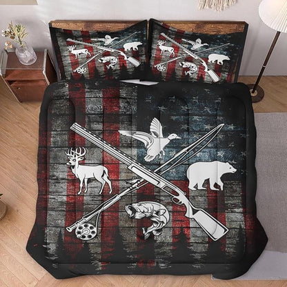 Queen Size Comforter Set with 2 Pillowcase, Hunting Fishing Hunter Soft 3 Pcs Bedding for Kids and Adults, Vintage Animal Retro Comforter Set for Room Bedroom Bed Decor
