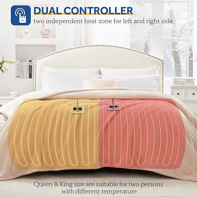 SEALY Electric Blanket King Size, Flannel & Sherpa Heated Blanket with 10 Heating Levels & 1-12 Hours Auto Shut Off, Fast Heating Warming Blanket, Machine Washable, Beige, 100 x 90 Inch
