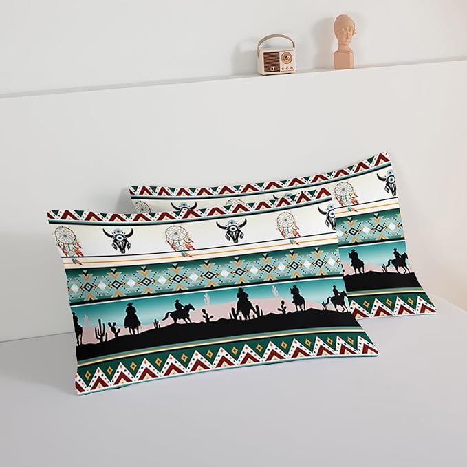 HOSIMA Western Bedding Comforter Sets,Longhorn Skull Dream Catcher Boho Comforter Set King Size for Adults Kids Cowboy Western Decor,Geometric Multicolor Teal Comforter King Size.