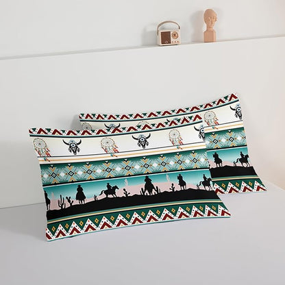 HOSIMA Western Bedding Comforter Sets,Longhorn Skull Dream Catcher Boho Comforter Set Queen Size for Adults Kids Cowboy Western Decor,Geometric Multicolor Teal Queen Comforter Set.