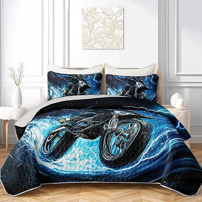 Blue Motorcycle Racing Motocross Rider Quilt Bedding Full 3Pcs Extreme Sport Flag Bed Set Thunder Lightning Pattern Bedspread Coverlet with 2 Pillowcases for Kid Boy Girl Teen Adult Room Decor