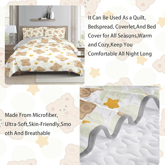 AILONEN Cute Bear Twin Size Quilted Bedspread Coverlet,Brown Teddy Bear Quilt Set 3Pcs,Soft Cartoon Animal Themed Bed Cover for Kids + 2 Pillowcases
