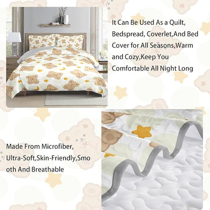 AILONEN Cute Bear Twin Size Quilted Bedspread Coverlet,Brown Teddy Bear Quilt Set 3Pcs,Soft Cartoon Animal Themed Bed Cover for Kids + 2 Pillowcases