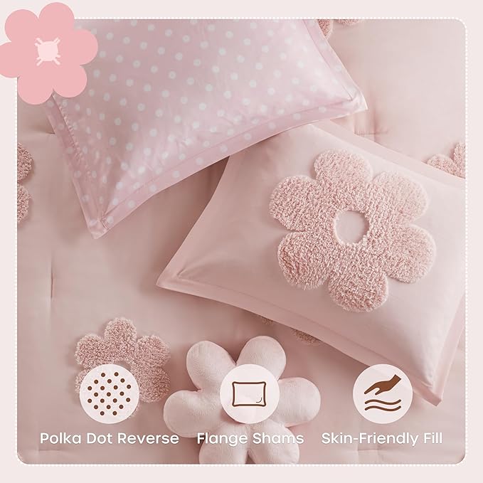 Intelligent Design Kids Twin Comforter Set for Girls, Tufted Chenille Floral Comforter Set Twin, Lightweight Polka Dot Comforter Reversible Bed Set, Sham, Pillow, Gracie, Twin Pink 3 Piece