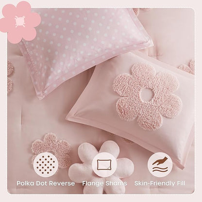 Intelligent Design Kids Twin Comforter Set for Girls, Tufted Chenille Floral Comforter Set Twin, Lightweight Polka Dot Comforter Reversible Bed Set, Sham, Pillow, Gracie, Twin Pink 3 Piece