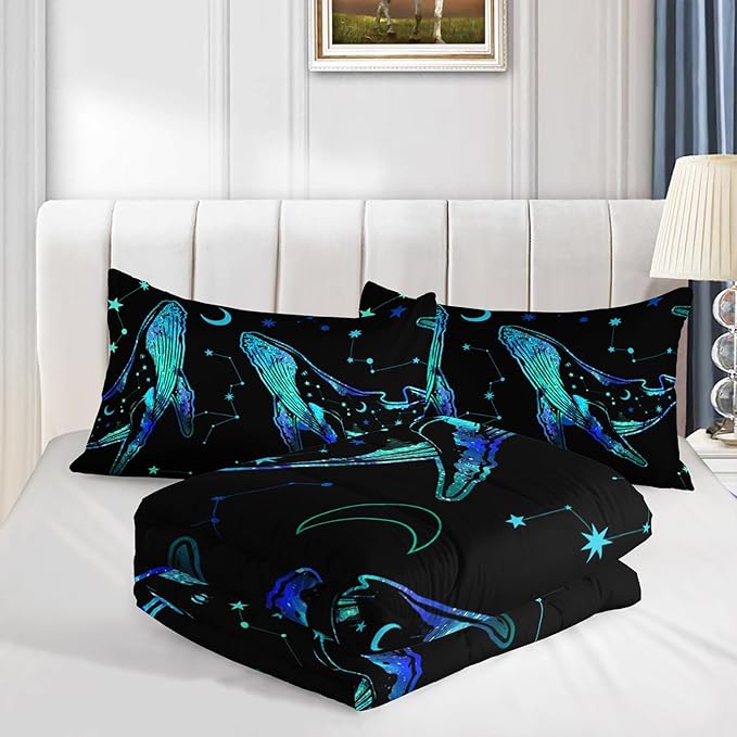 Whale Print Comforter Marine Life Bedding Set,Glowing Stars Moon Constellation Pattern Comforter Sets for Kids Boys Girls Room Decor,Cute Coastal Bedding Set King Size with 2 Pillowcases.