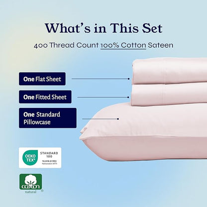 California Design Den Twin XL Sheet Sets - 400 Thread Count Sateen, 100% Cotton Sheets Set, Deep Pockets, and Durable Bedding for Dorm Rooms & Adults - Pink